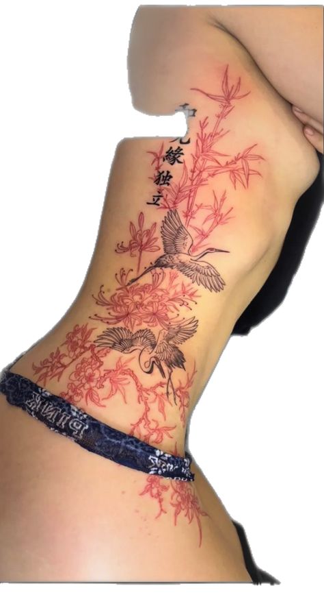 Spine Tattoo Red, Red Rib Tattoo, Red Ink Back Tattoo Women, Red Spine Tattoo, Spine Tattoo, Back Tattoo Women, Rib Tattoo, Red Ink, Back Tattoo