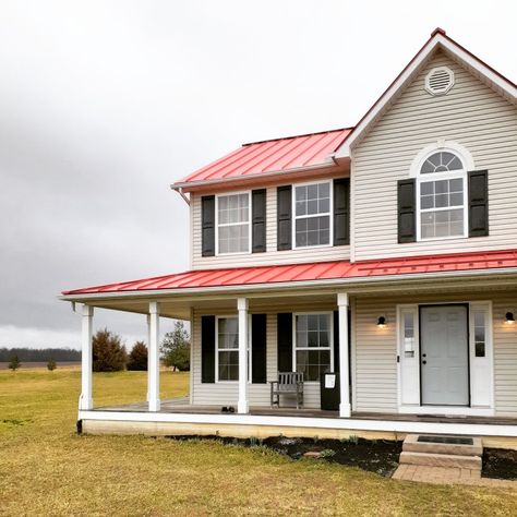 Red Roof Grey House, Houses With Red Metal Roofs, Red Roof Farmhouse, Exterior House Colors With Red Roof, Red Metal Roof Houses, Red Metal Roof Houses Color Combos, Red Roof House Colors Home Exteriors, Gray And White House Exterior, Red Roof House Colors