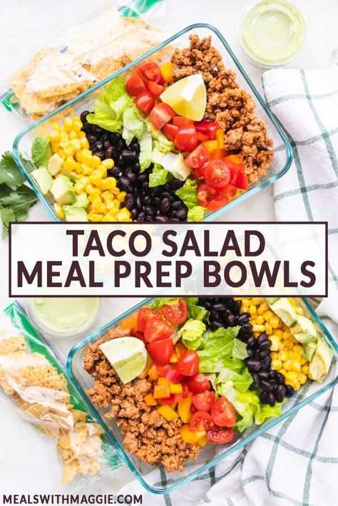 This taco salad meal prep bowl recipe takes under 30 minutes to make and is packed with protein and fiber. It makes 5 servings for a healthy meal prep all week long. | Mealswithmaggie.com #tacosalad #healthytacosalad #tacosaladrecipe #tacosaladbowls Taco Salad Meal Prep, Taco Meal, Taco Salad Bowls, Healthy Tacos Salad, Taco Bowl, Prep Meals, Couscous Salat, Taco Salad Recipes, Salad Meal Prep