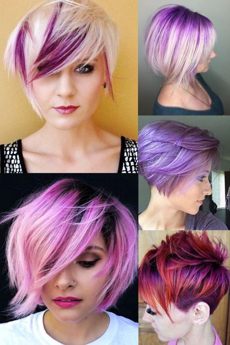 Haircut and color ideas blonde purple hair dye #Haircut #And #Color #Ideas #Blonde Blonde Purple Hair, Haircut And Color Ideas, Purple Hair Dye, Peekaboo Hair Colors, Mohawk Haircut, Hair Colouring, Dyed Hair Purple, Going Grey, Peekaboo Hair