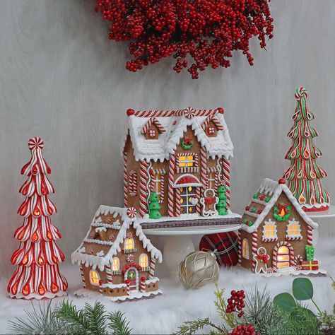 Member's Mark 5-Piece Pre-Lit Gingerbread Village - Sam's Club Gingerbread Village Decor, Gingerbread Mantle Decor, Holiday Village Display Ideas, Gingerbread Village Display, Diy Gingerbread House Decorations, Gingerbread Kitchen Decorating Ideas, Gingerbread House Village, Gingerbread Kitchen, Ivory Throw Pillows