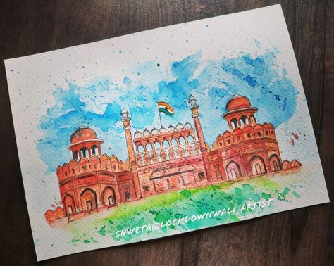 Watercolor Red Fort Independence Day Watercolour Drawing, Republic Day Watercolor Painting, Red Fort Drawing Sketch, Red Fort Drawing Easy, Red Fort Painting, Red Fort Sketch, Indian Monuments Drawings, Red Fort Drawing, Independent Day Drawing Ideas