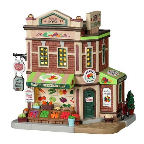 Gary's Greengrocer Gilmore Girls Christmas, City Diorama, Christmas Village Lights, Vail Village, Lemax Village, Lemax Christmas Village, Lemax Christmas, Spooky Town, Christmas Town