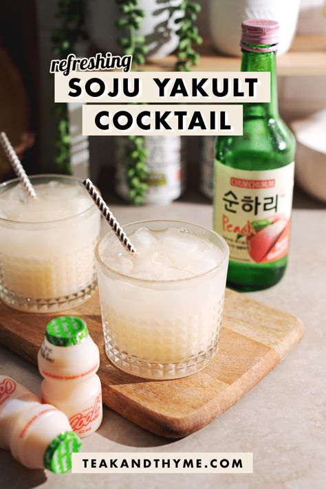 Yogurt Soju Cocktail Recipes, Soju Yakult Recipe, Chinese Drink Recipes, Peach Soju Cocktail Recipes, Jinro Soju Drinks, Makgeolli Cocktail, Soju And Yakult, Soju Mixed Drinks, Yakult Cocktail