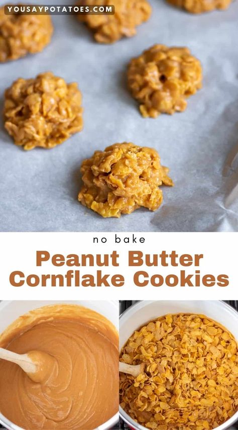 No Bake Cornflake Cookies with Peanut Butter No Bake Cornflake Cookies, Cornflake Cookies No Bake, Peanut Butter Cornflakes, Cornflake Candy, Cornflake Recipes, Cornflake Cookies Recipe, Peanut Butter Cornflake Cookies, Cookies With Peanut Butter, Peanut Butter Sheet Cake