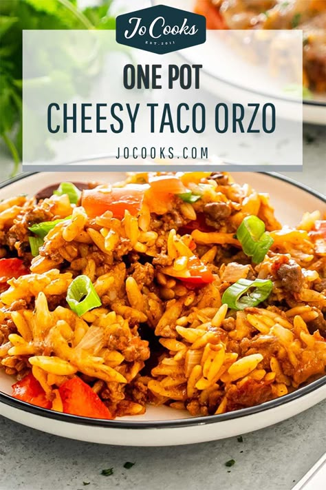 Orzo Casserole Ground Beef, Spanish Orzo Recipes, Orzo One Pot Meals, Cheesy Taco Orzo, Taco Orzo Recipes, Orzo Recipes With Ground Beef, Orzo Ground Turkey Recipe, Hamburger And Orzo Recipes, Ground Beef With Orzo