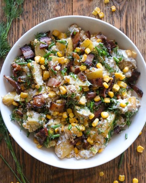 Salad With Pistachios, Bacon And Corn, Salad Restaurant, Warm Potato Salad, Warm Potato Salads, Bacon Potato Salad, Creamy Dressing, Potato Salad Recipe, Salad Pasta