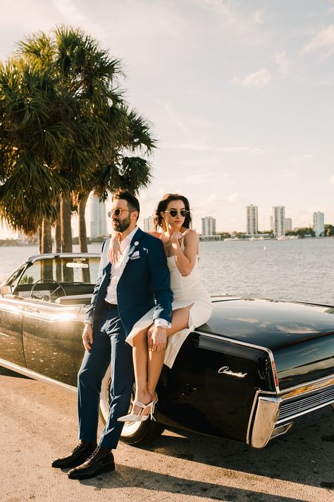 Engagement Photos In Miami, Miami Beach Engagement Photos, Courthouse Wedding Miami, Miami Engagement Photoshoot, Save The Date Photoshoot Ideas, Unique Pre Wedding Shoot Ideas, Car Engagement Shoot, Untraditional Wedding Ideas, Newspaper Shoot