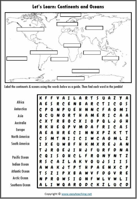 Geography Elementary Activities, Geography Coloring Pages, Continents And Oceans Printables Free, World Map Printable Free, Oceans And Continents, Geography Printables, Continents Activities, Map Skills Worksheets, Elementary Geography