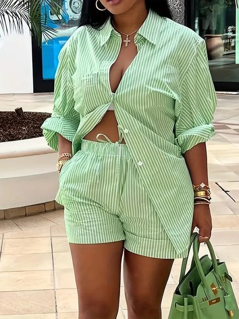 Striped Matching Two piece Set Casual Long Sleeve Shirt - Temu 2 Pieces Outfits For Women, Casual Two Piece Outfits, Plus Size Shorts Outfit, 2 Pieces Outfits, Pieces Outfits, Green Two Piece, 2piece Outfits, Two Piece Outfits, Striped Two Piece