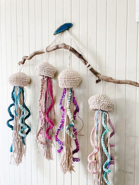 Sea Decoration Ideas, Macrame Jellyfish, Sea Creatures Nursery, Sea Themed Nursery, Hanging Jellyfish, Coastal Nursery, Nautical Nursery Decor, Bedroom Wall Hangings, Recycled Sari Silk