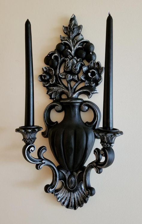 Victorian Goth Decor Vintage Wall Sconce Black Candle | Etsy Elegant Goth Home Decor, Victorian Goth Room, Goth Home Aesthetic, Goth Furniture, Gothic Bedroom Decor, Gothic House Decor, Victorian Goth Decor, Victorian Gothic Decor, Goth Office