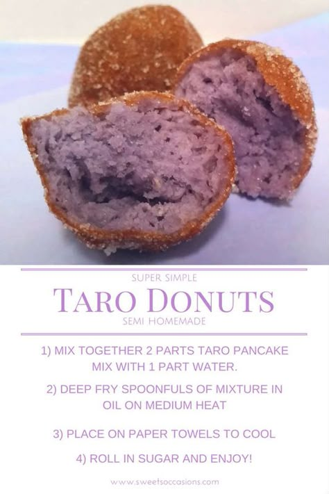 Taro Donut Recipe from Sweets Occasions. super simple and melts in your mouth good! Taro Dessert Recipe, Mochi Donuts Recipe, Taro Recipes, Hawaiian Desserts, Filipino Food Dessert, Hawaiian Recipes, Hawaiian Dishes, Polynesian Food, Donut Recipe