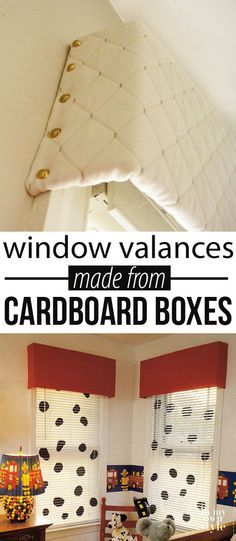 How to make a window valance using the cardboard from boxes. Budget friendly window treatments for your decor Make A Window, Window Cornices, Window Valances, Diy Window Treatments, Window Treatments Bedroom, Bedroom Window, Diy Window, Bedroom Windows, Diy Home Decor On A Budget