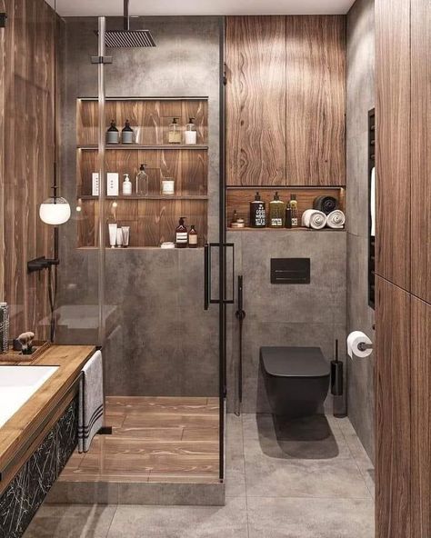 Modern Bathroom Design Latest Trends, Bathroom Accent Wall, Restroom Design, Bathroom Inspiration Modern, Great Bathrooms, Bathroom Paint Colors, Brown Bathroom, Stunning Bathrooms, Rustic Farmhouse Kitchen