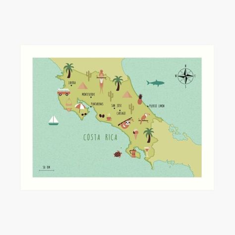 Illustrated map of Costa Rica Art Print Puerto Limon, Costa Rica Art, Map Illustration, Puntarenas, Postcards For Sale, Illustrated Map, Map Art, Costa Rica, Photographic Print