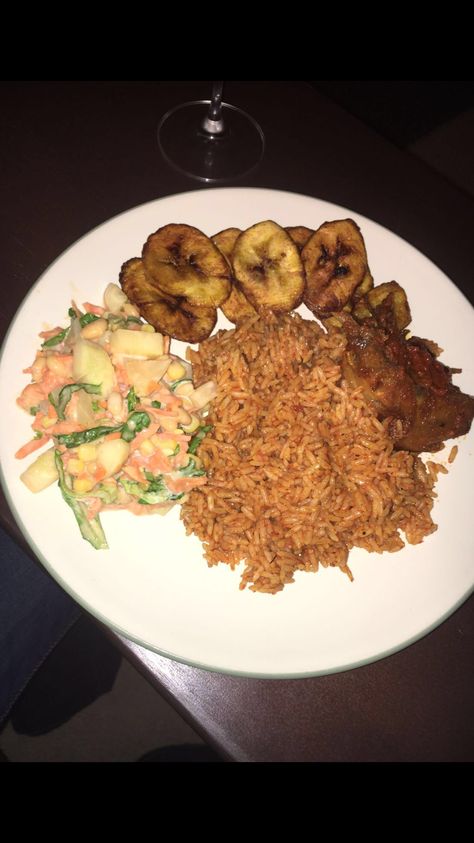 Jollof rice, stewed beef, fried plantains and side of garden salad. Home sweet Home!!! Stewed Beef, Fried Plantains, Jollof Rice, Plantain Chips, Plantains Fried, Garden Salad, Beef Stew, Home Sweet Home, Stew