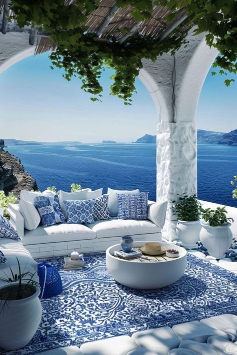 Greek Resort, Ocean Architecture, Greek Style Home, House In Greece, Living In Greece, Santorini Villas, 3 Storey House Design, Santorini House, Greek Decor