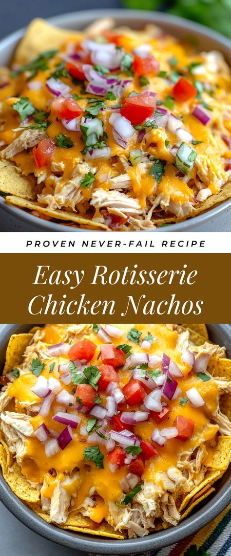 Image for Easy Rotisserie Chicken Nachos Rotisserie Chicken Nachos Recipe, Best Chicken Nachos Recipe, Quick Easy Rotisserie Chicken Recipes, Chicken Tacos With Rotisserie Chicken, Tacos With Rotisserie Chicken, Rotisserie Chicken Nachos, Rotisserie Chicken Leftovers, Loaded Chicken Nachos, Nacho Chicken