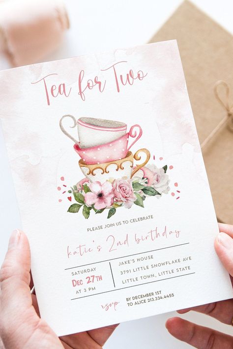 Excited to share this item from my #etsy shop: Editable Tea party birthday invitation | Tea for Two Girl Tea Party Invite Pink Gold Floral Peach Pink Printable Template | Digital Download Tea Party Birthday Theme, Second Birthday Ideas, Wildflower Baby Shower, Bridal Brunch Invitations, Tea Party Invitations, Baby Shower Tea, Tea Party Theme, Girls Tea Party, 2nd Birthday Party Themes