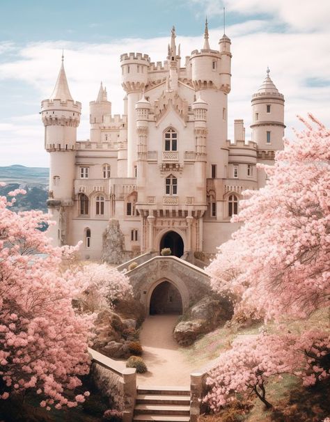 Enchanting princess castle encircled by the vibrant blooms of apple trees, the scene capturing the union of spring's awakening and elegant castle life for Pinterest connoisseurs of botanical beauty and regal residences, inspiring a sense of whimsy and the splendor of nature in harmony with fairytale architecture. Castle Backdrop, Castle Drawing, Enchanted Castle, Royal Core, Fairytale Aesthetic, Apple Trees, Fairytale Castle, Princess Castle, Pretty House