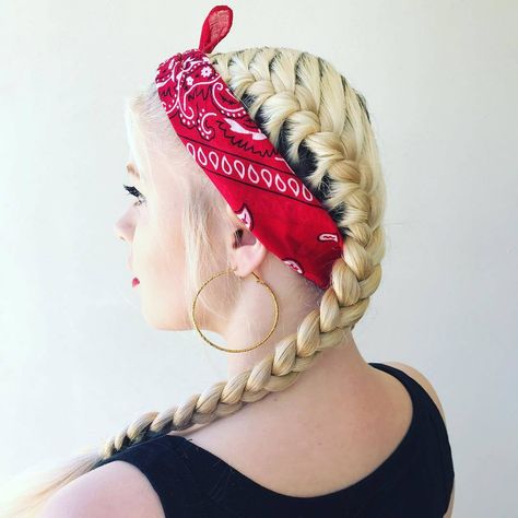 Bandana hairstyles: Woman with yellow blonde French braids with a red bandana tied around her head French Braids With Bandana, French Braid With Bandana, Bandana Hairstyles With Braids, Bandana With Braids, Braids With Bandana, Bandana Hairstyles Braids, Blonde French Braids, Zumba Clothes, Bandana Hairstyles For Long Hair