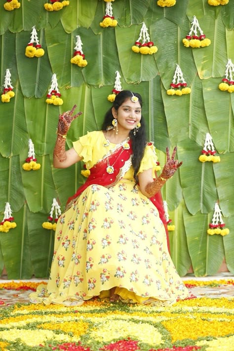 Half Saree Haldi Function, Haldhi Stills Bride Dress, Yellow Half Saree For Haldi, Haldi Half Saree For Bride, Haldi Function Photoshoot, Mangala Snanam Dress For Bride, Mangalasnanam Stills, Mangala Snanam Decoration For Bride, Haldi Lehanga Ideas