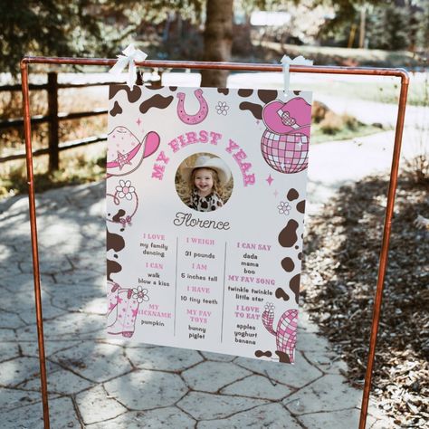 My First Rodeo cowgirl pink brown photo Milestone Disco Cowgirl First Birthday, Cowgirl First Birthday Party, Cowgirl First Birthday, Wild West Birthday, Brown Photo, Rodeo Party, My First Rodeo, Rodeo Birthday, Disco Cowgirl