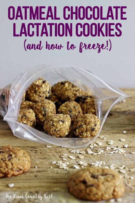 Oatmeal Chocolate Lactation Cookies - full of oats, LSA & brewers yeast (and chocolate!) and the perfect snack for any new breastfeeding mama! Plus, I've included instructions for freezing the dough so you can have fresh cookies at a moments notice! They're the perfect gift to take to new a new mom (mum) or to help you on your breastfeeding journey! #thekiwicountrygirl #lactation #oatmeal #brewersyeast #breastfeeding #cookies Lactation Oatmeal, Breastfeeding Cookies, Breastfeeding Snacks, Breastfeeding Foods, Lactation Recipes, Lactation Cookies, Brewers Yeast, Oatmeal Chocolate, Vegetarian Options