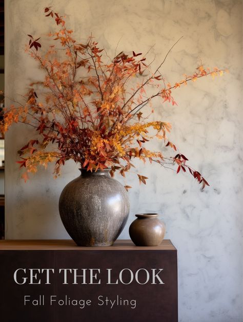 Fall Branch Centerpieces, Seasonal Floral Arrangements, Autumnal Vase Arrangement, Fall Leaves In Vase, Autumn Vase Arrangements, Burnt Orange Vase, Fall Branches In Vase, Fall Vases Decorations, Fall Stems In Vase