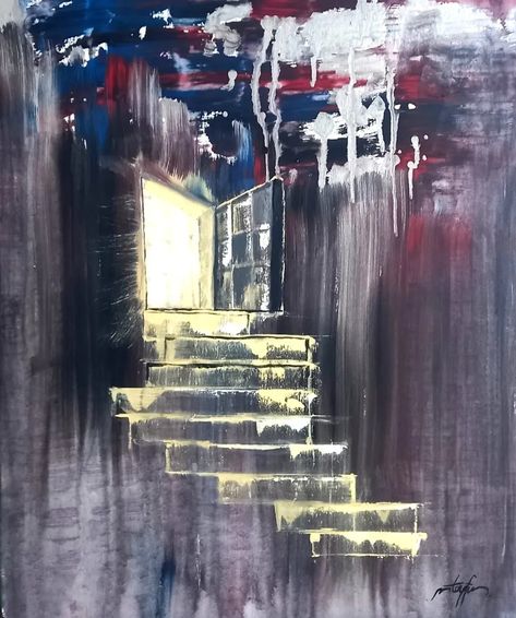 Acrylic paint on 50 x 70 canvas. escape #art #artist #abstractart #abstract #acrylicart #acrylic #acrylicpainting #escape #stairs #door Painting Of Stairs Art, Painting Of Stairs, Stairs Painting, Stairs Door, Escape Art, Stairs Art, Stair Art, Painted Stairs, Abstract Painting Acrylic