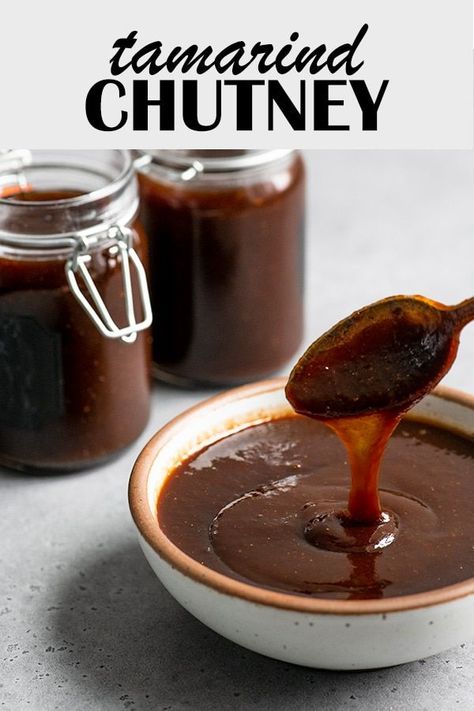 This homemade tamarind chutney is sweet and tart and the perfect dip for Indian snack foods including samosas and pakoras. Making your own is easy and tastes way better than any store bought version! Tamarind Chutney Recipe, Date Chutney, Tamarind Sauce, Pakora Recipes, Tamarind Chutney, Chutney Recipe, Chickpea Recipes, Snack Foods, Chaat Masala