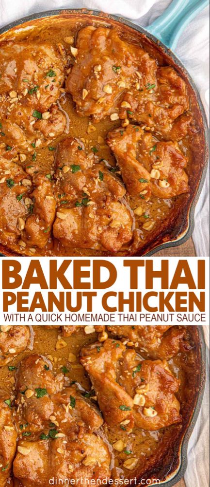 Savory, delicious skinless chicken thighs baked in a quick homemade Thai peanut sauce that's ready in just 35 minutes then topped with crushed peanuts. #bakedchicken #thaichicken #thaipeanutchicken #bakedthaipeanutchicken #chicken #chickendinner #bakedchicken #dinner #dinnerthendessert Chicken Thighs Baked, Thai Peanut Chicken, Thai Peanut Sauce, Thai Peanut, Peanut Chicken, Boneless Chicken Thigh Recipes, Chicken Thigh Recipes Baked, Baked Chicken Thighs, Skinless Chicken Thighs