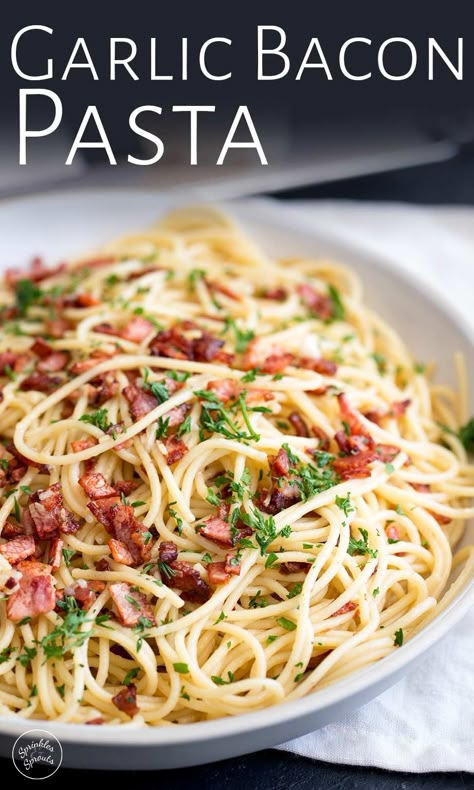 This Easy Garlic Bacon Pasta Recipe is going to be your go-to weeknight meal when you need a quick dinner on the table in just 10 minutes. With just 5 ingredients - pasta, olive oil, garlic, bacon, and salt, you can have a delicious dinner! (Parmesan and parsley are optional but so good!) You can use spaghetti, linguine, or even angel hair pasta for this recipe. But make sure to keep the bacon fats as that is where the magic happens. Pasta Sauce With Bacon, Low Ingredient Pasta Recipes, Recipes Using Spaghetti Noodles, Garlic Bacon Pasta, Pasta Olive Oil, Bacon Pasta Recipes, Pastas Recipes, 5 Ingredient Dinners, Pasta Spaghetti