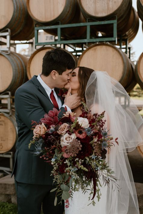 Lindsay and Ray's Cozy Fall Wedding at Zenith Vineyards with Burgundy and Velvet Tones | Oregon Wedding Photographer Burgundy And Blush Fall Wedding, Dark And Moody Bridesmaid Bouquet, Champagne Roses Wedding, Burgundy Fall Bouquet, Burgundy Fall Flowers, Cabernet Wedding Colors Flowers, Wine And Sage Wedding, Champagne And Burgundy Wedding Theme, Cabernet Wedding Flowers