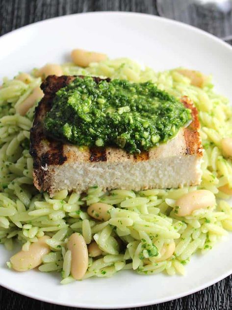 Orzo with Grilled Swordfish and Kale Pesto | Cooking Chat Healthy Seafood Dinners, Kale Pesto Recipe, Chats Recipe, Grilled Swordfish, Swordfish Recipes, Resep Pasta, Kale Pesto, Best Seafood Recipes, Healthiest Seafood