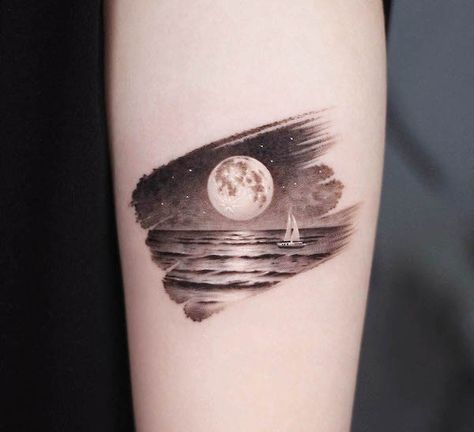 Moon And Tide Tattoo, Moon On Water Tattoo, Beach At Night Tattoo, Ocean Landscape Tattoo, Moon Light Tattoo, Moon Over Ocean Tattoo, Moon Over Water Tattoo, Water And Moon Tattoo, Ocean Water Tattoo