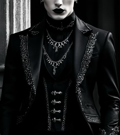 Ai created goth aesthetic. Mens formal goth fashion inspiration #mensgothfashion #goth #fashion #fashionideas Goth Tuxedo, Goth Wedding Suit, Vampire Goth Men, Zach Core, Mens Goth Fashion, Formal Goth, Witchy Wedding, Aesthetic Mens, Goth Prom