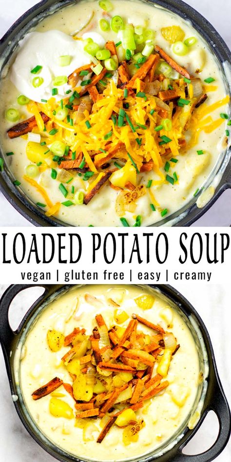 Easy and super satisfying: this Loaded Potato Soup is a keeper that the whole family will devour in no time. Even the pickiest kids will eat it up, satisfying, easy and no one would ever taste it is vegan. #vegan #dairyfree #glutenfree #vegetarian #dinner #lunch #mealprep #contentednesscooking #potatosoup #loadedpotatosoup Potato Soup Vegan, Vegan Potato Soup, Loaded Potato Soup, Loaded Baked Potato Soup, Creamy Potato Soup, Baked Potato Soup, Loaded Potato, Vegan Potato, Potato Soup Recipe