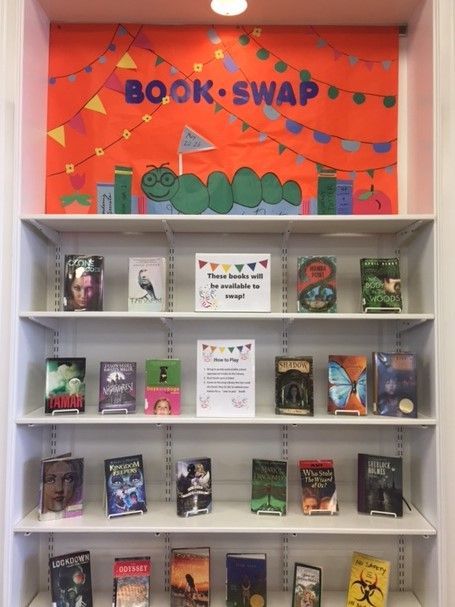 Book Swap Display, Middle School Library Displays, Fundraising Crafts, Staff Lounge, Book Swap, School Library Displays, Book Exchange, Middle School Libraries, Teacher Books