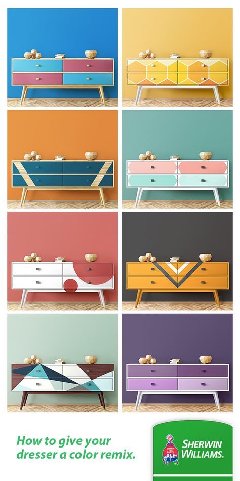 Colorful Repurposed Furniture, Color Block Furniture, Fun Painted Walls, Funky Painted Furniture Bright Colors, Painting A Dresser, Retro Furniture Makeover, Ideas For Painting, Home Minimalist, Diy Furniture Renovation