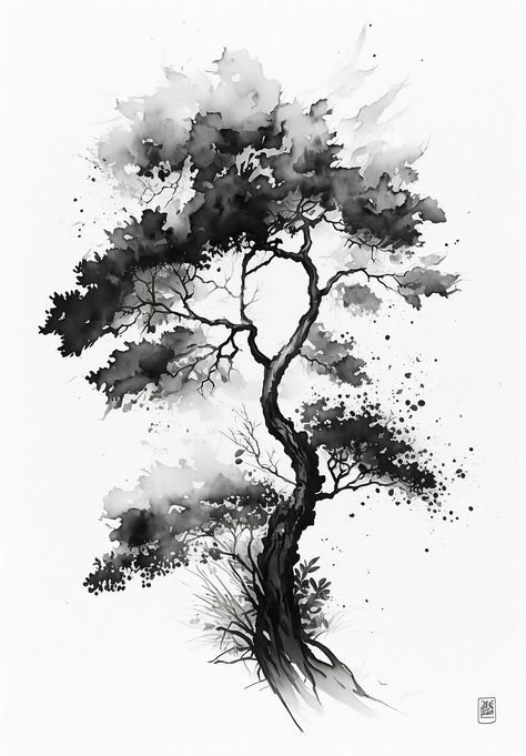 Tree Silhouette Tattoo, Pine Tree Painting, Abstract Painting Diy, Japanese Ink Painting, Digital Calligraphy, Abstract Art Images, Tree Tattoo Designs, Chinese Landscape, Watercolor Painting Techniques