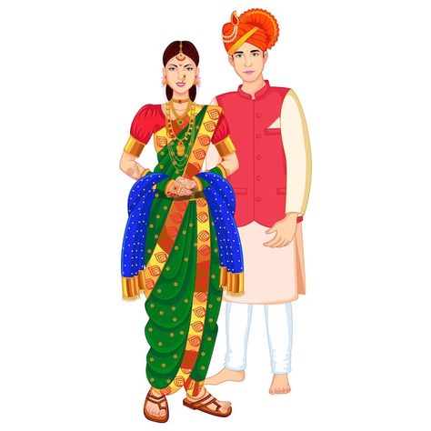 Indian wedding marathi couple standing w... | Premium Vector #Freepik #vector #indian-groom #matrimonial #indian-bride #lehenga Marathi Wedding Caricature, Marathi Illustration, Marathi Couple, Marriage Cartoon, Bride Lehenga, Wedding Illustration Card, Wedding Illustrations, Wedding Card Design Indian, Marathi Bride