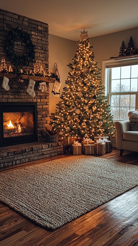 Cozy up this Christmas with a warmly lit tree and a crackling fireplace! The golden glow, pine green tree, and rustic brick create a delightful festive ambiance. 🎄✨ Perfect for sipping cocoa and wrapping presents. 🎁 #christmas #decor #holiday #cozy #fireplace #festive #home #warm #tree #lights #rustic #livingroom #presents #magic #joy Cozy Christmas Tree Aesthetic, Christmas Tree Just Lights, Christmas Aesthetic Fireplace, Christmas Tree By Fireplace, Christmas Tree Aesthetic Cozy, Rustic Livingroom, Christmas Cave, Warm Christmas Decor, Cozy Country Christmas