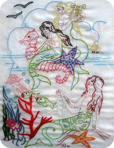 Vintage Mermaids | Flickr - Photo Sharing! Mermaid Embroidery, Lazy Daisy Stitch, Vintage Mermaid, Embroidery Transfers, Embroidery Patterns Vintage, Vintage Embroidery, Embroidery Inspiration, Embroidery Techniques, Beautiful Embroidery