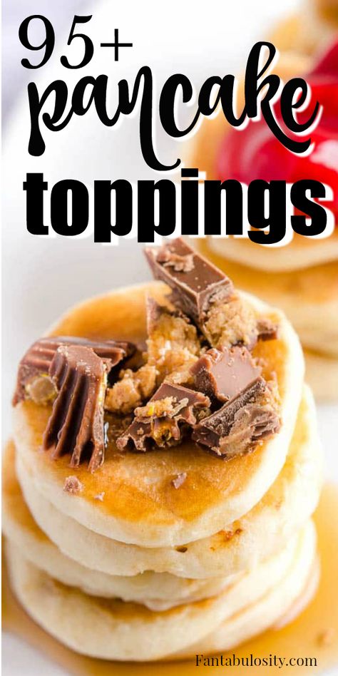 LOVE LOVE LOVE these pancake topping ideas - whether it's for breakfast or for a pancake bar at a wedding! Genius! #pancakes #pancakebar #pancaketoppings #toppingideas Build Your Own Pancake Bar, Pancake Buffet Ideas, Pancake Tuesday Ideas, Crepes Topping Ideas, Pancake Stand Ideas, Pancake Supper Ideas, Healthy Pancake Topping Ideas, Pancake Bar Toppings, Pancake Add In Ideas