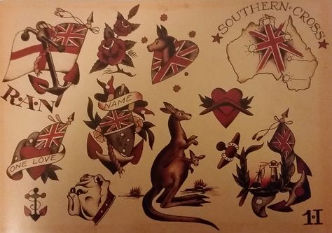 Traditional/old school tattoo, sailor jerry, Australia, kangaroo, colonial, southern cross Eddie Tattoo, Dog Tags Tattoo, Tattoo Sailor, Sailor Jerry Tattoo Flash, Tattoo Girl Wallpaper, Australia Tattoo, Canada Tattoo, Kangaroo Art, Jerry Tattoo