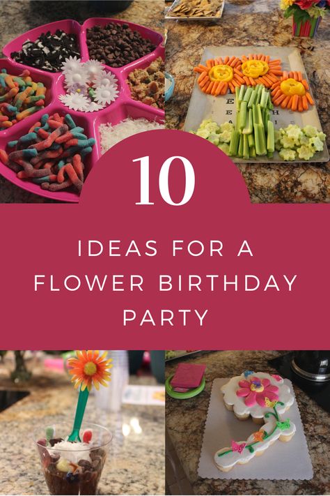 Birthday Party Ideas Flowers Theme, Flower Birthday Themes, Girl Flower Theme Birthday Party, Flower Birthday Party Crafts, Flower Birthday Party Food Ideas, Garden Party Ideas For Kids, 2nd Birthday Garden Party, Flower Party Favors For Kids, Flower 2nd Birthday Party