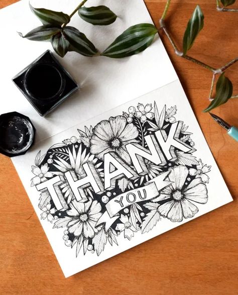 Learn Hand Lettering, Pointed Pen Calligraphy, Printable Thank You Cards, Leaf Drawing, Card Tutorial, Card Tutorials, Block Lettering, Flower Making, Gel Pens