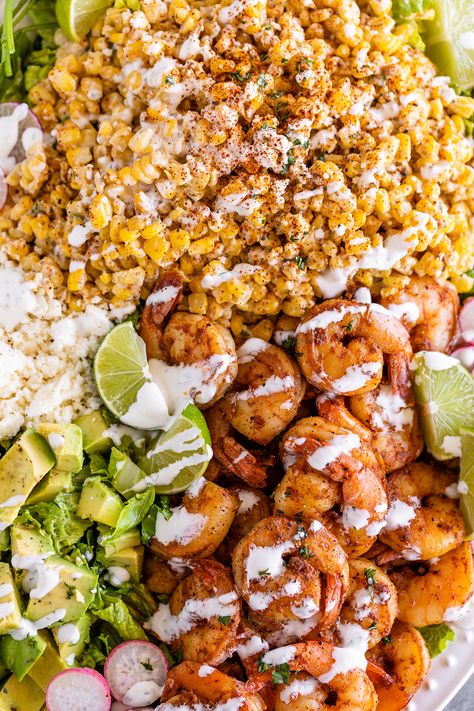 Mexican Street Corn Dinner Ideas, Street Corn Shrimp Bowl, Mexican Shrimp Cobb Salad, Mexican Street Corn Shrimp Tacos, Shrimp Corn Avocado Salad, Street Corn Shrimp Tacos, Mexican Corn Chicken Salad, Shrimp With Corn Recipes, Shrimp Tacos With Corn Salsa